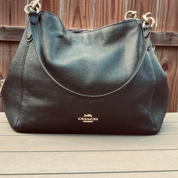 COACH Purse F80268 Hallie Shoulder Bag Tote Black Pebble Leather Gold Hardware - Picture 5 of 16